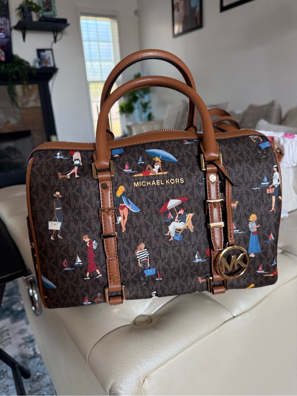 Michael Kors Brown Monogram Duffel with Beach-Print